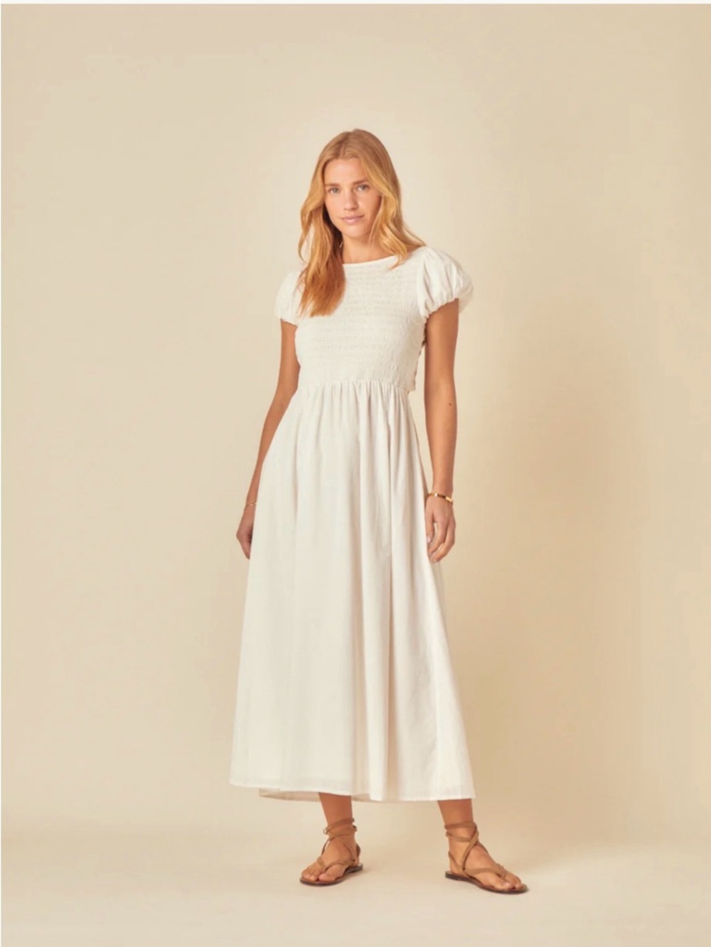 Smocked Maxi Dress with Puff Sleeves in Cream Has Pockets
